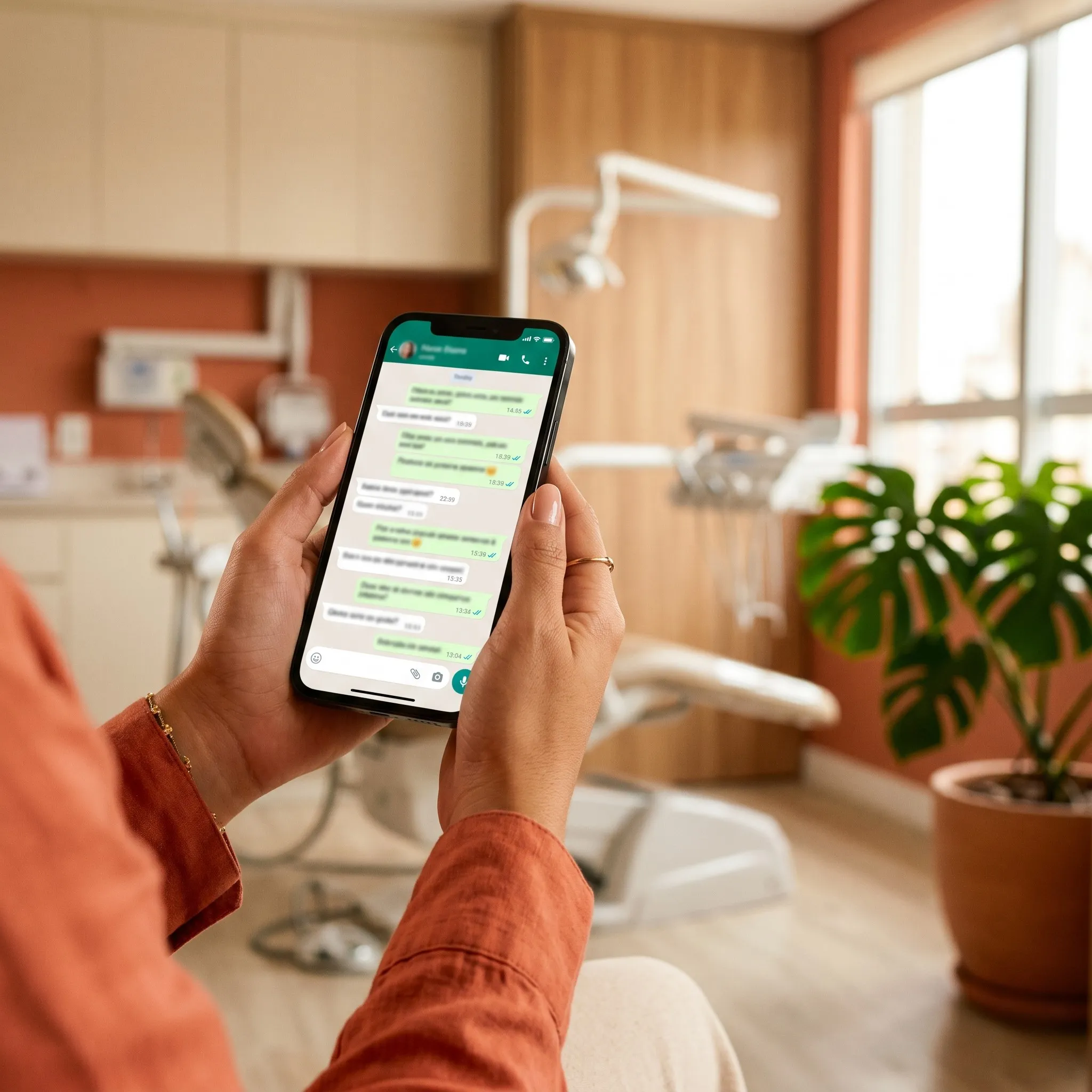 Mãos segurando celular com conversa de WhatsApp num escritório